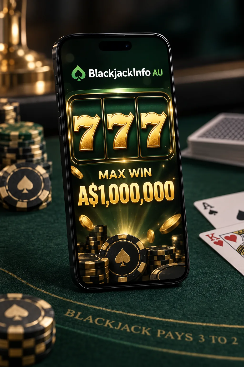 BlackjackInfo AU phone mockup showing gold 777 reels and an A$1,000,000 max win display