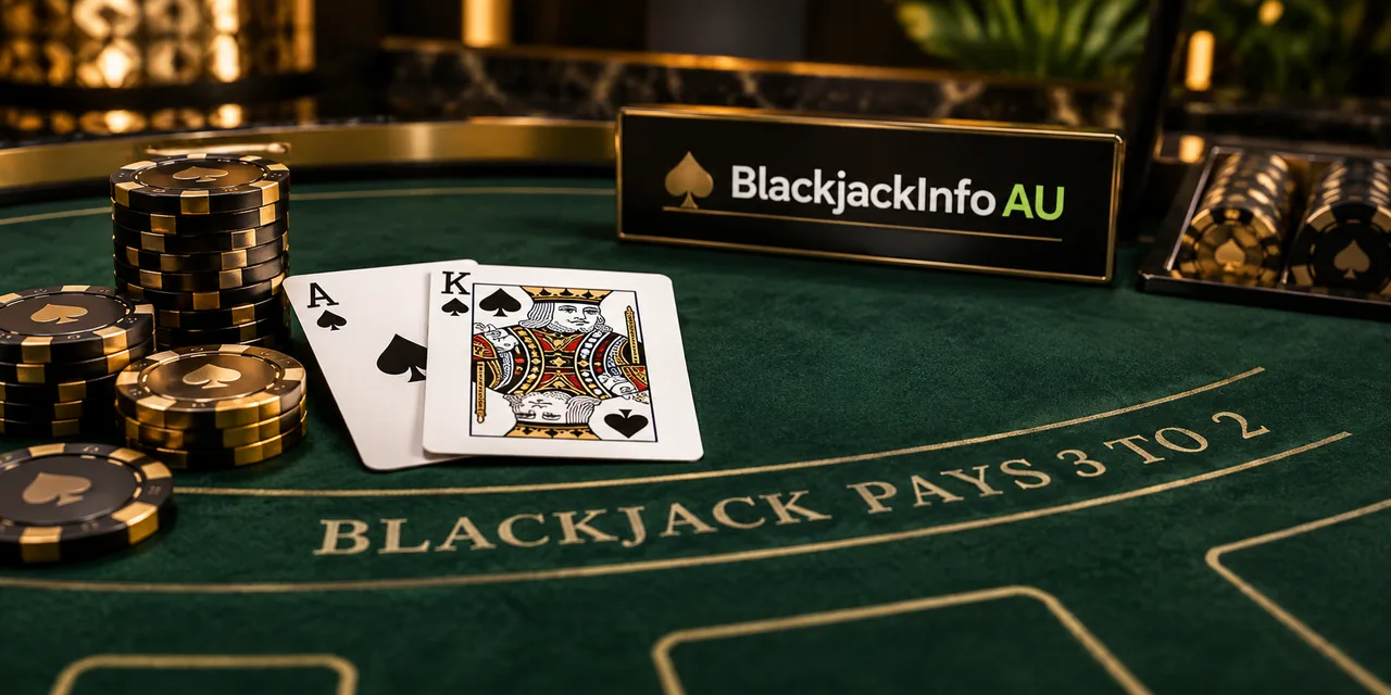 BlackjackInfo AU branded blackjack table with cards and chips